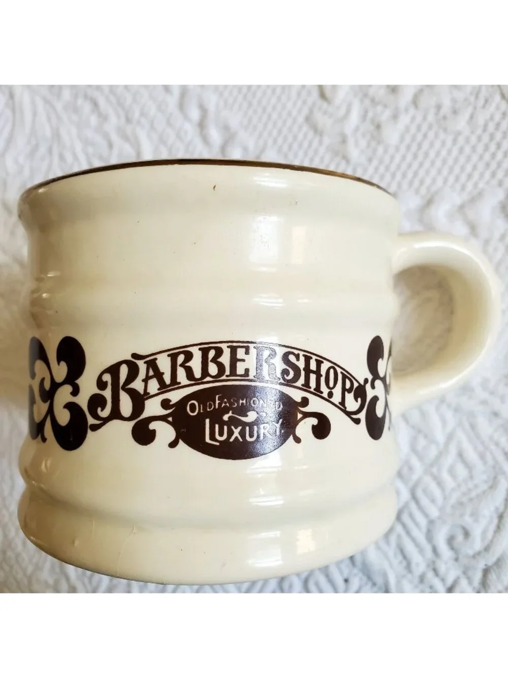 Vtg NOS Barber Shop Shaving Mug Brown on ivory Gold Rim 15 oz Ceramic Cup READ
